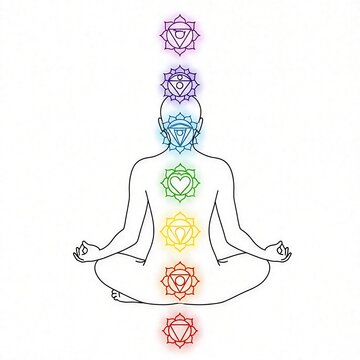 Minimal Meditating Human Silhouette with Colorful Chakra Symbols on White Background
