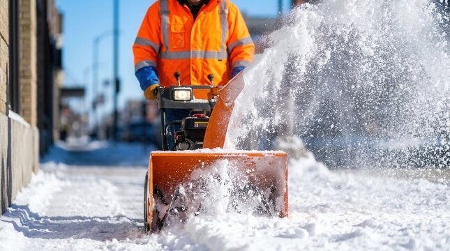 Municipal worker using snow blower on narrow sidewalk with snow spraying upward