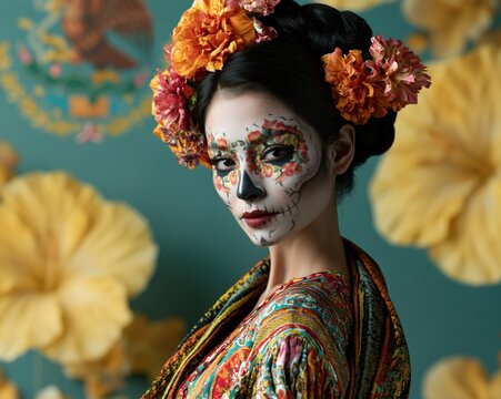 Dia de los Muertos woman with ceremonial make-up and mexican flag