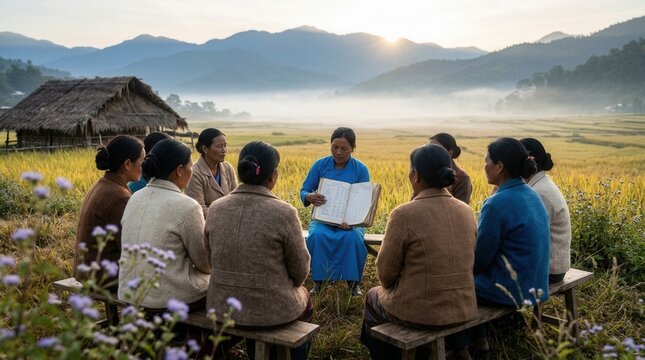 Village microfinance solidarity group meeting outdoors on wooden benches at dawn with women reviewing rotating savings contribution records.
