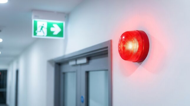 Red emergency alarm beacon flashing on a wall next to a green exit sign for building evacuation and fire protection.