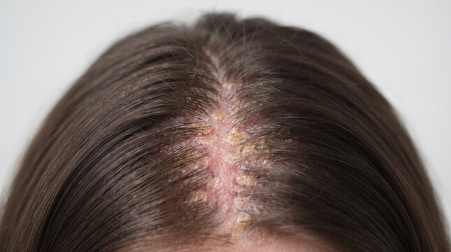 Close Up of Scalp with Severe Psoriasis Seborrheic Dermatitis and Dandruff Flakes