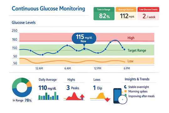 Continuous glucose monitoring dashboard with charts and stats