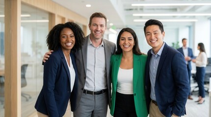 Obraz premium Smiling diverse team of professionals in a modern office
