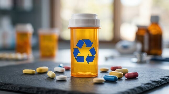 Pharmaceutical recycling and medical waste disposal with an amber pill bottle and scattered medication.