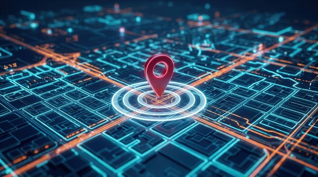 Digital map with location pin and target circle for geofencing, delivery, and marketing location based services.