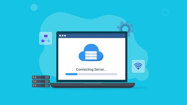 Animated laptop with Connecting Server interface, cloud server icon, database stack, user profile, and WiFi symbol, representing cloud computing, networking, data connectivity, and digital technology.