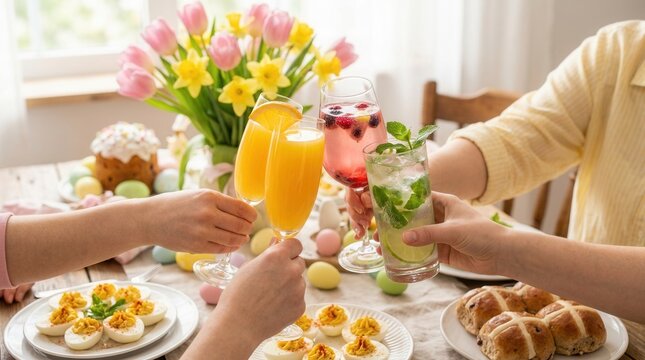 Friends toasting festive drinks at a beautifully decorated table during an Easter brunch celebration with colorful eggs, flowers, and traditional food.