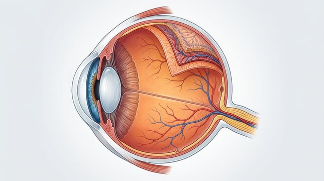 Human eye anatomy cross section demonstrating internal structure, medical poster showing sensory organ detail, optic nerve path, crystal lens layer, outer sclera coat, retinal blood vessel.