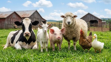 Obraz premium Diverse group of farm animals standing together in a sunny green pasture with barns in the background