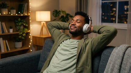 Fototapeta premium Young black man listening to music while relaxed on a sofa