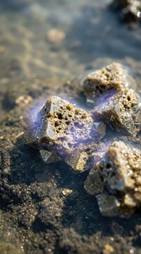 Porous zinc sulfide crystals submerged in shallow prebiotic water, demonstrating the origin of life through abiogenesis via ultraviolet solar light catalysis on mineral surface.