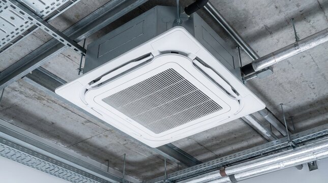 Square cassette air conditioning unit mounted on ceiling with metal grille and ventilation system