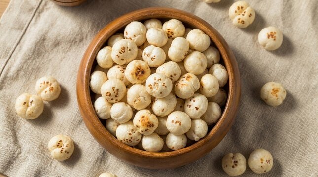 Healthy roasted phool makhana or fox nuts in a wooden bowl on a textured background