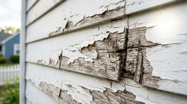 Cracks and peeling paint on damaged siding revealing exterior wall moisture problems and decay.
