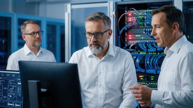 Smart building commissioning team gathers around central BAS workstation in server room for system demonstration