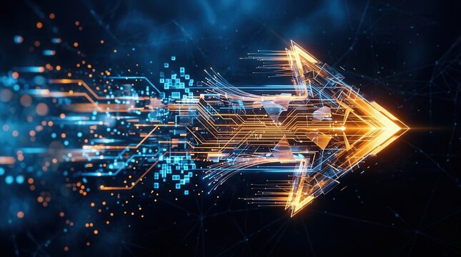 Abstract glowing arrow of digital circuit and data fragments moving right, symbolizing business transformation and growth, speed, innovation, and strategic direction.