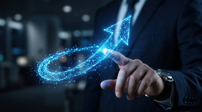 Hand guiding a glowing digital arrow swirl toward an upward direction for change management transformation and strategic leadership.