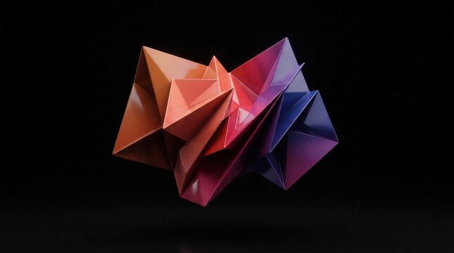 Abstract geometric polygon sculpture with gradient colors isolated on black