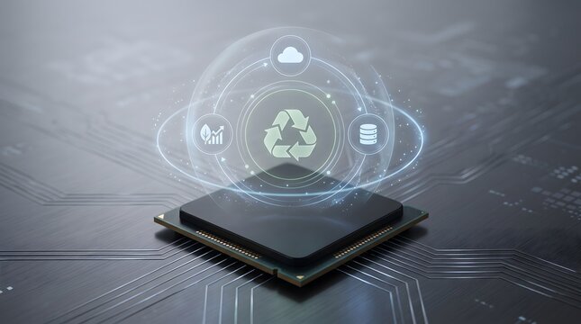 Eco friendly sustainable computing processor featuring circular economy hologram with green technology IT network icons