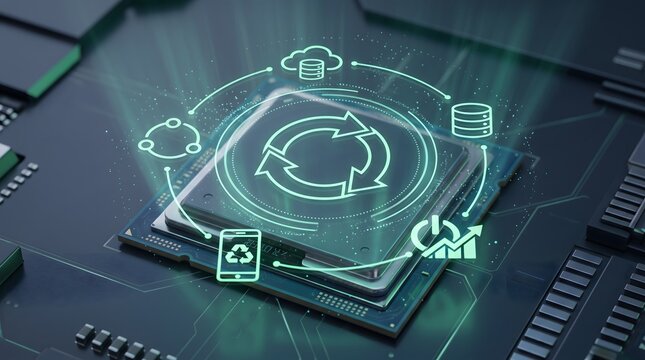 Sustainable green computing technology with glowing processor microchip and circular economy recycling network icons