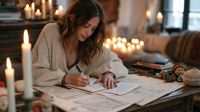 Wide candlelit scene of a solo travel blogger writing field notes at an antique wooden desk surrounded by maps and cultural souvenirs, the atmospheric glow of dozens of candles