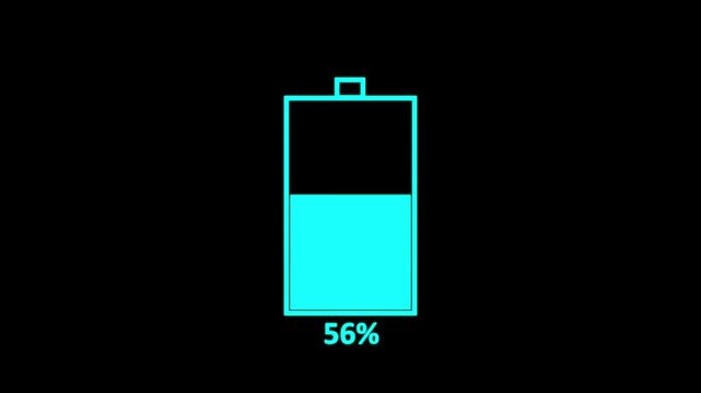 battery charging icon animation video power full battery. Battery charging animation from 0 to 100% On Black Background. Motion graphics of battery charging concept.