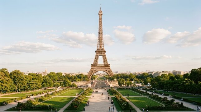 Eiffel tower with champ de mars park in a wide shot during a clear sunny day in paris, france, an iconic landmark and famous travel destination in europe.