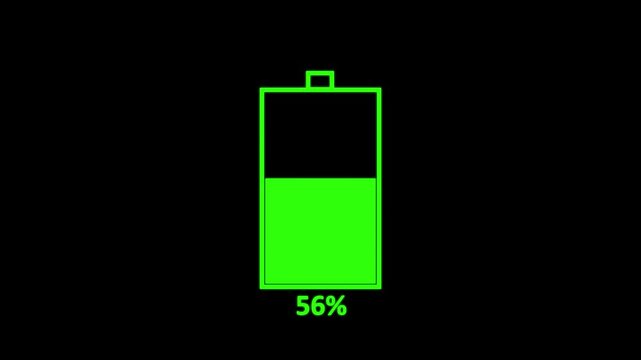 battery charging icon animation video power full battery. Battery charging animation from 0 to 100% On Black Background. Motion graphics of battery charging concept.