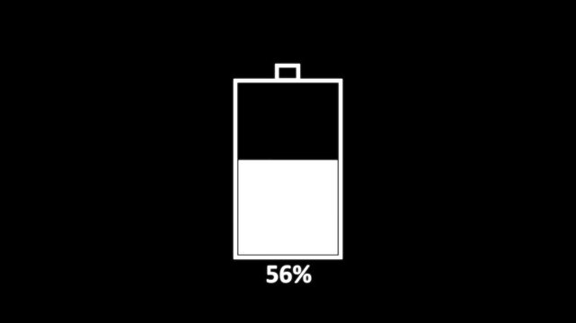 battery charging icon animation video power full battery. Battery charging animation from 0 to 100% On Black Background. Motion graphics of battery charging concept.