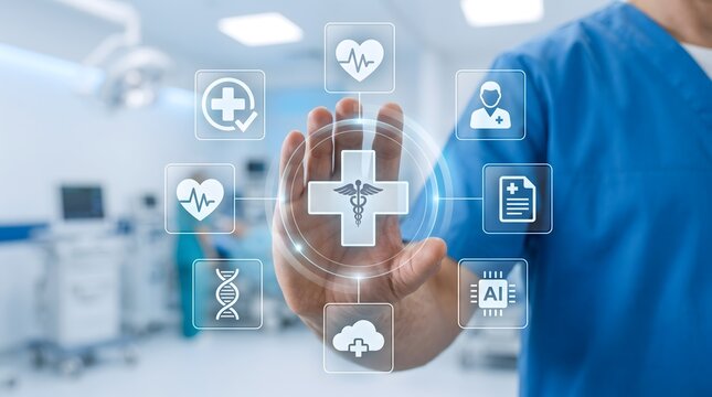 Digital health telemedicine dashboard interface showing medical professional interacting with futuristic healthcare technology