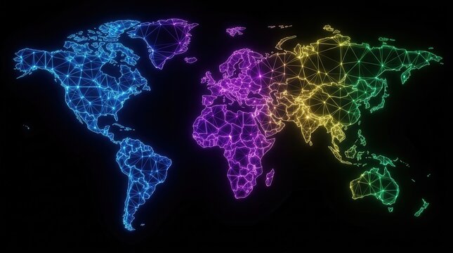 Sleek sci-fi interface featuring a glowing world map with interconnected regions and bright neon routes