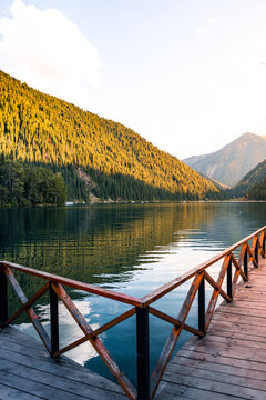 wooden bridge over lake