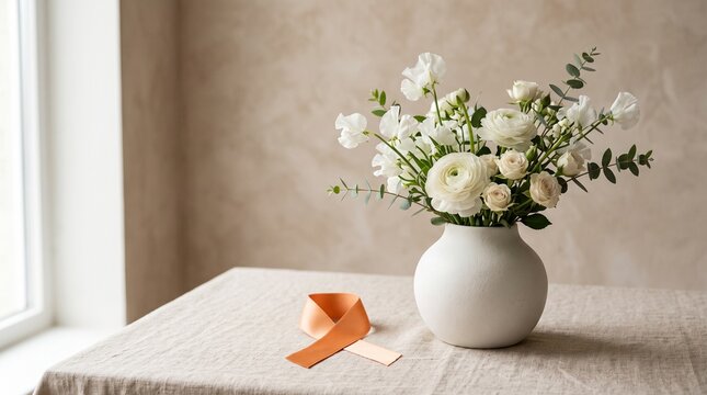 Elegant white ranunculus bouquet in ceramic vase, minimalist floral arrangement on linen table, soft spring wedding flowers