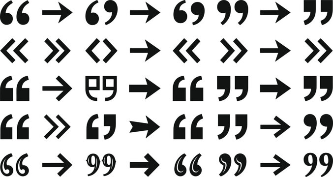 Quotation marks collection with diverse typography styles brackets punctuation signs arrows and dialog chat bubble text elements