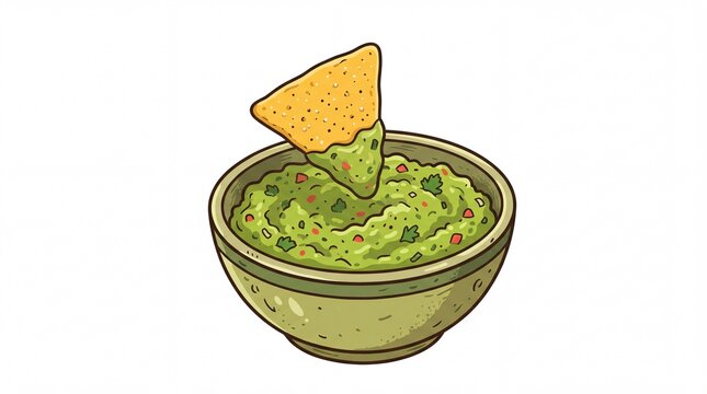 Crunchy tortilla chip dipped inside a fresh bowl of creamy green guacamole on white background