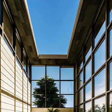 Architectural interior photograph featuring concrete walls and large glass windows against a blue sky architecture