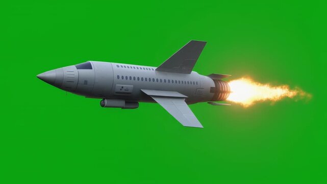Fighter jet flying forward with exhaust flames against a green screen background for compositing