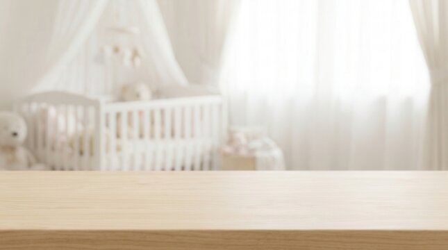 Empty light wooden table top with a soft focus baby nursery room in the background