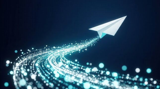 Paper airplane flying over a luminous digital path representing technology onboarding and change management transition and adoption.