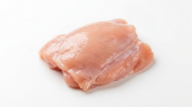 Single raw boneless skinless chicken thigh on white background