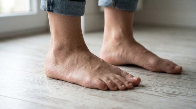 Planar sole condition: flat foot, orthopedic issue, human limb, bare toe, stand floor, adult posture, skeletal alignment, medical examination, anatomical detail.
