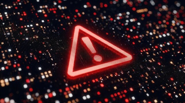 Digital matrix with a red warning triangle for fraud detection and threat intelligence alerts in cybersecurity.