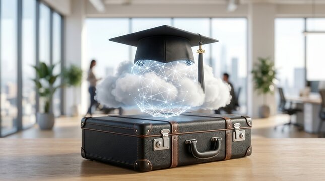 Graduation cap on suitcase with network globe symbolizing remote class and online business degree study from any place.