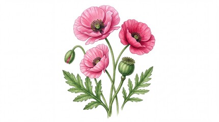 Obraz premium Detailed botanical illustration of delicate pink poppy flowers and green leaves isolated on white background