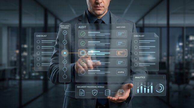 Corporate compliance audit dashboard showing document processing module and regulatory task progress tracking