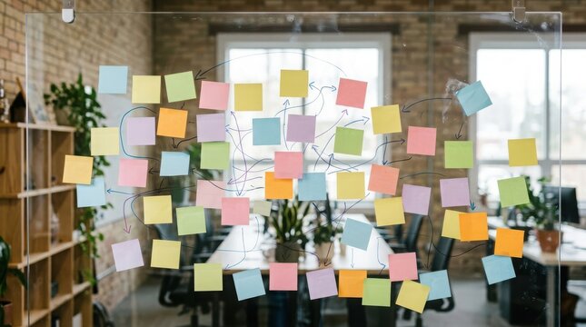 Glass office wall covered with scattered colorful sticky notes showing project planning strategy brainstorming sessions and task management organization for business productivity workflows.