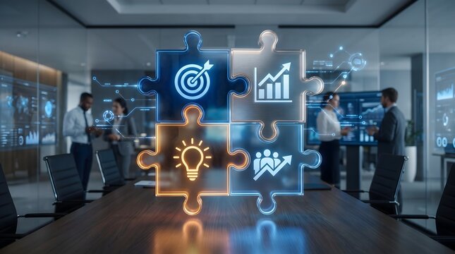 Business synergy strategy concept with glowing puzzle pieces showing financial growth and innovation in modern corporate boardroom