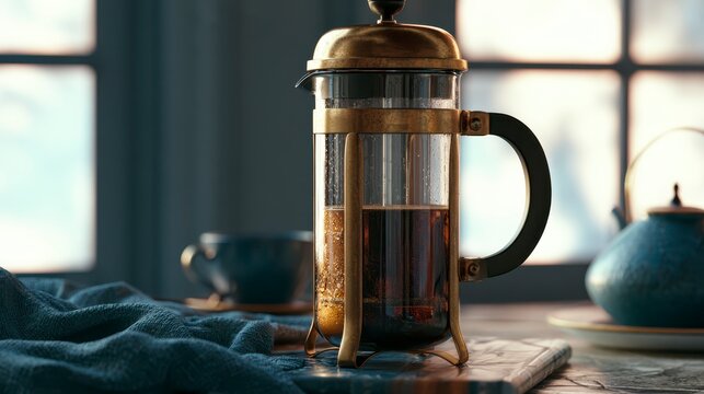 A stylish french press filled with freshly brewed coffee sits on a rustic wooden table, with a soft blur of a teacup and kettle in the background during morning light