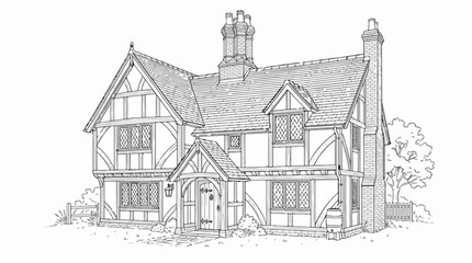 Obraz premium English Tudor house line art with timber framing and brick chimneys